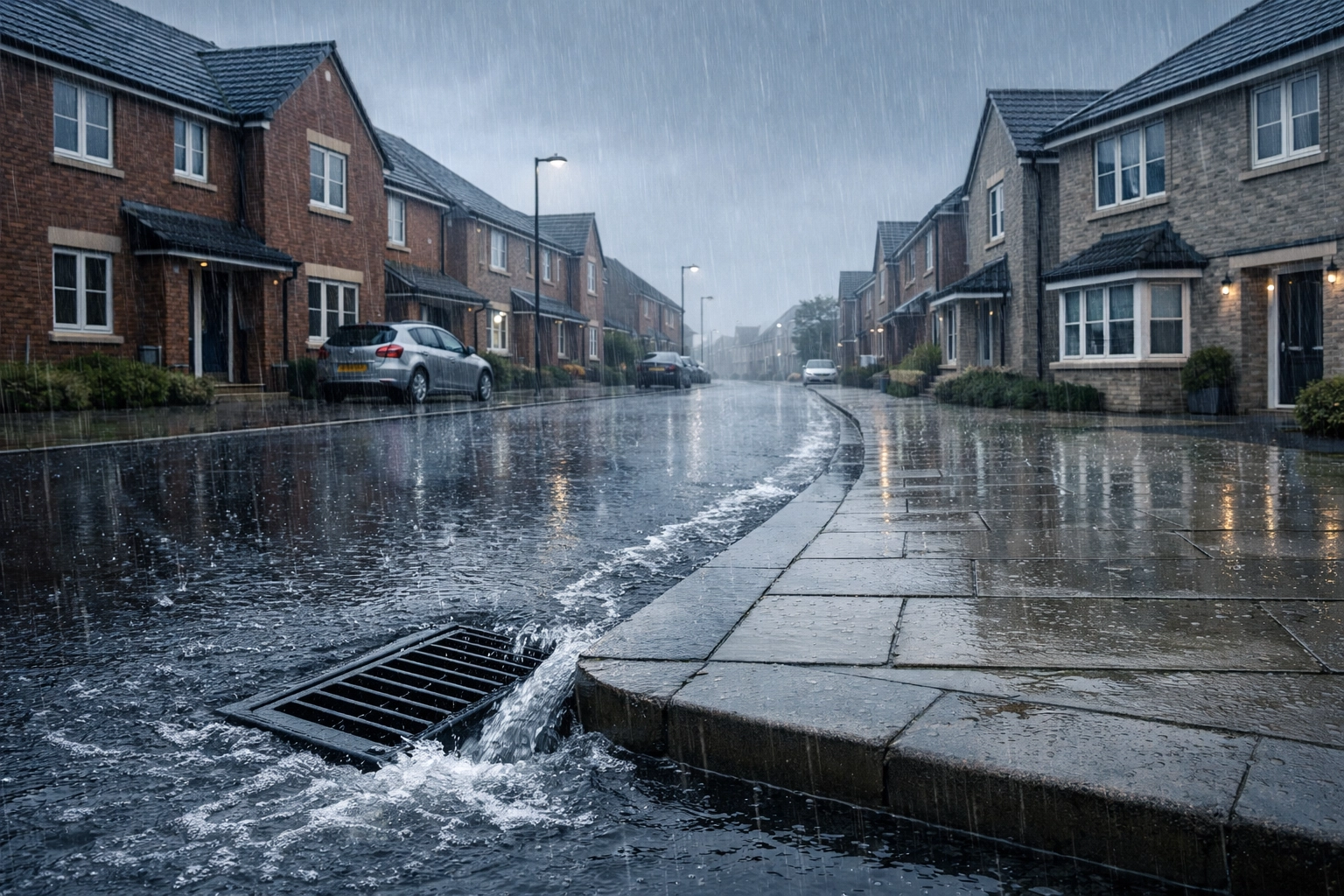 Modern UK residential street with drainage managing heavy rain, illustrating 2026 landlord flood risks.