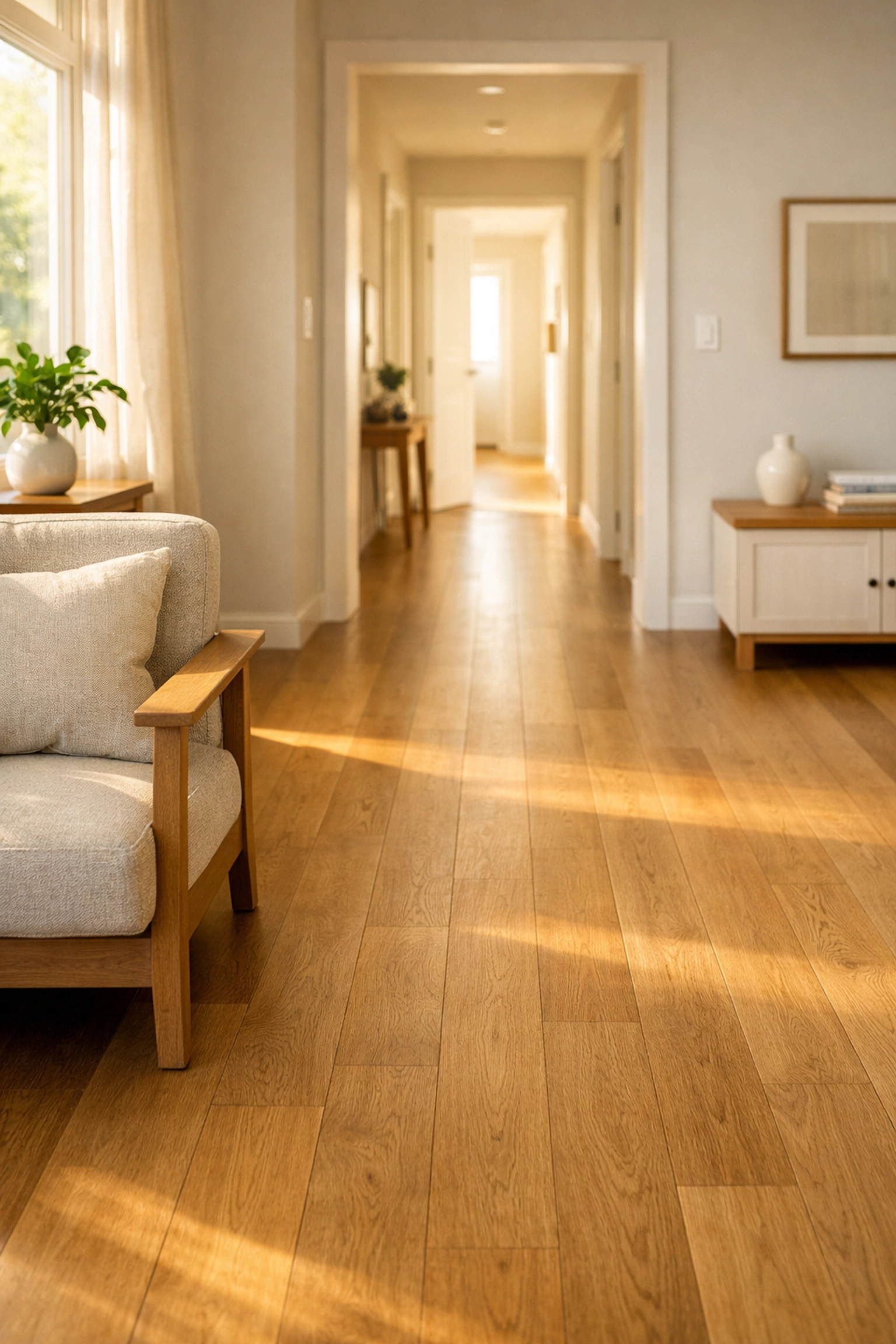 Clear living room walkway without rugs or cords to prevent tripping and falls.