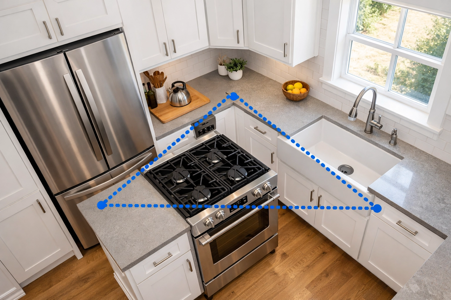 Kitchen work triangle layout showing refrigerator, stove, and sink placement for optimal workflow