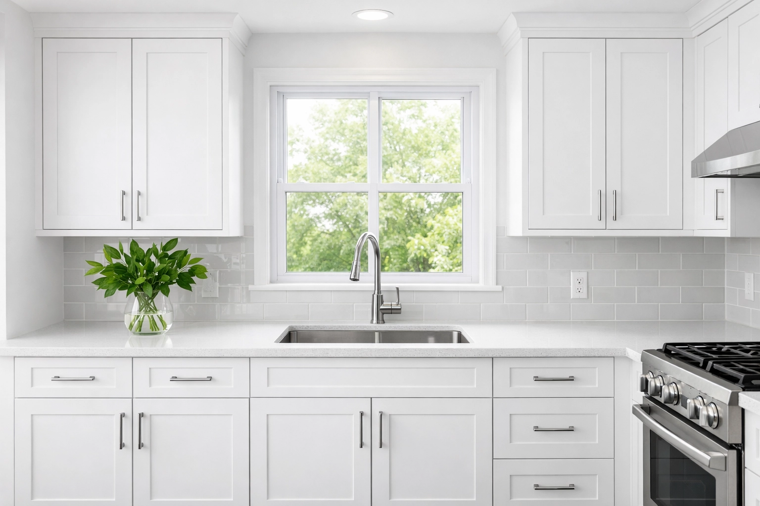 Modern renovated kitchen with white shaker cabinets in a Buffalo multi-family rental property.