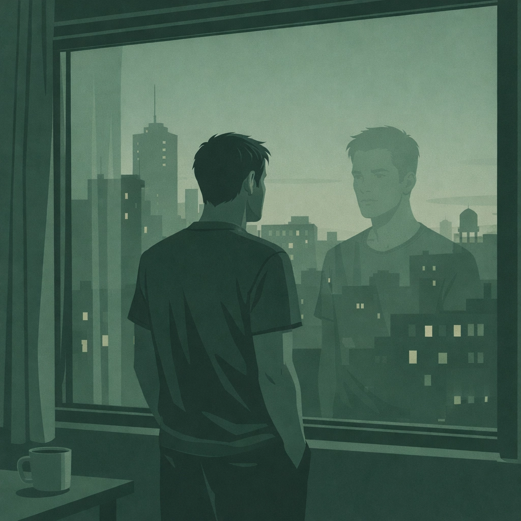 Solitary gay man at window reflecting on loneliness and isolation in LGBTQ+ community