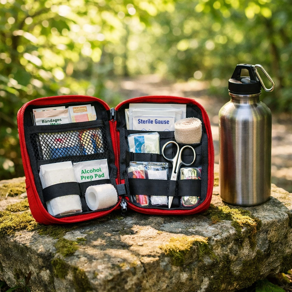 An open red survival first aid kit on a mossy stone, essential for a safe wild camping guided UK trip.