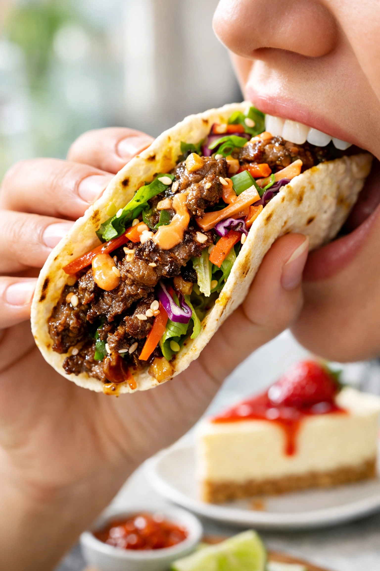 Korean bulgogi taco with gourmet cheesecake showcasing perfect sweet and savory pairing