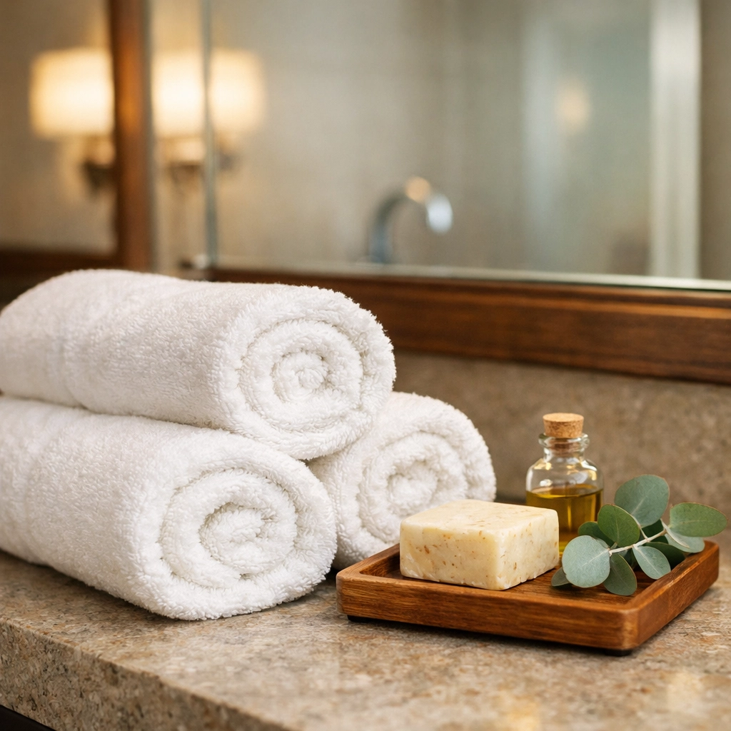 Pristine white towels and artisan soap on a clean bathroom vanity for a guest-ready vacation home.