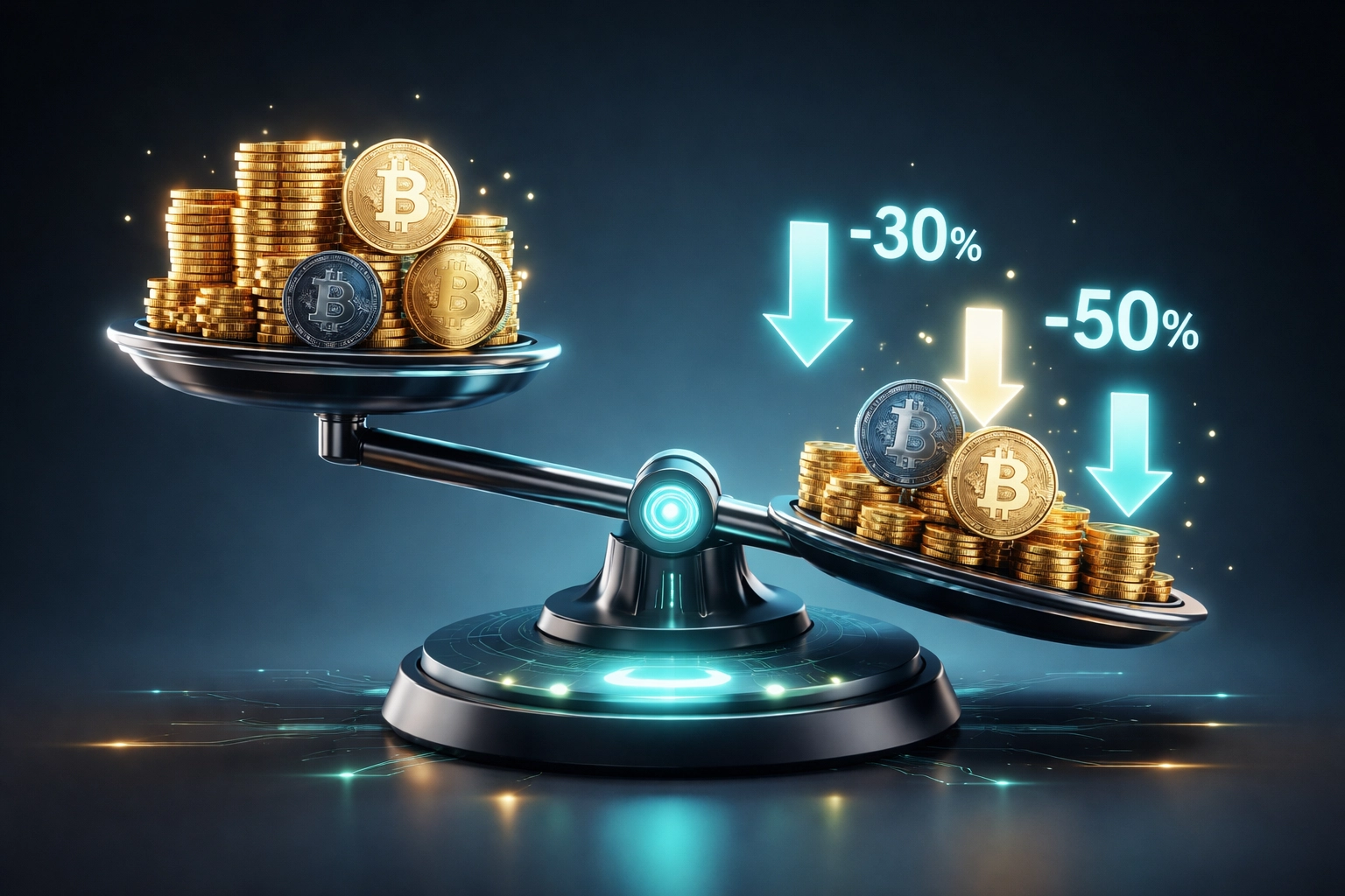 A digital scale compares gold coins and crypto tokens, highlighting cost savings with Larecoin payment processing fees.