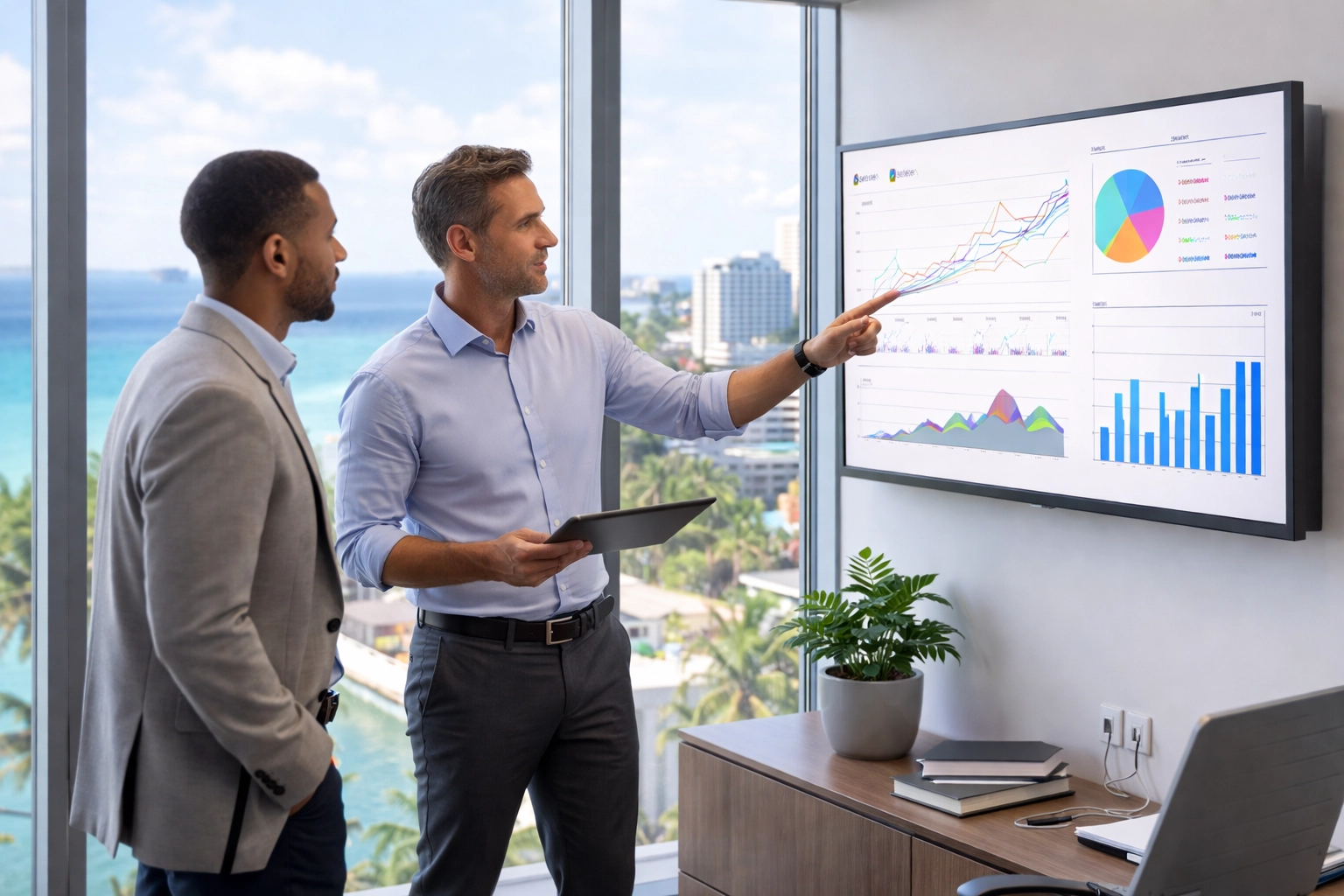 Executives analyzing Caribbean market data in a modern office, highlighting strategic export planning