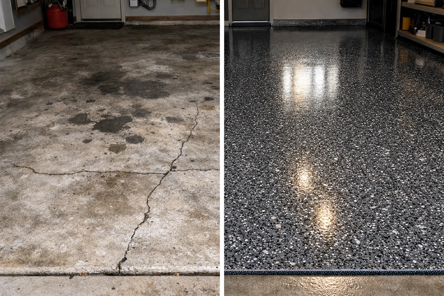 Before and after garage floor coating showing humidity damage repair in Mississippi garage