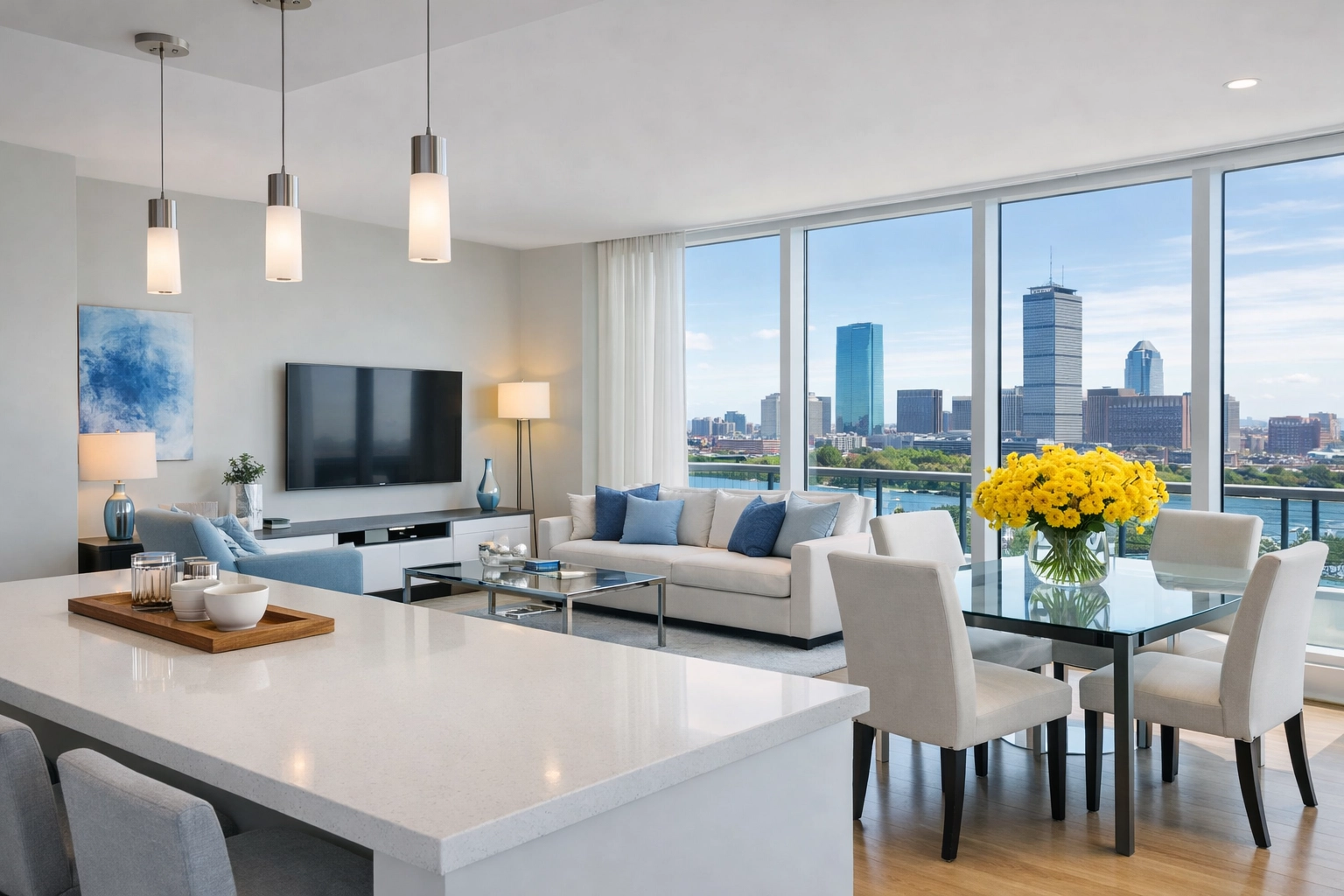 Impeccably clean luxury Boston apartment living area highlighting professional move-in cleaning results.