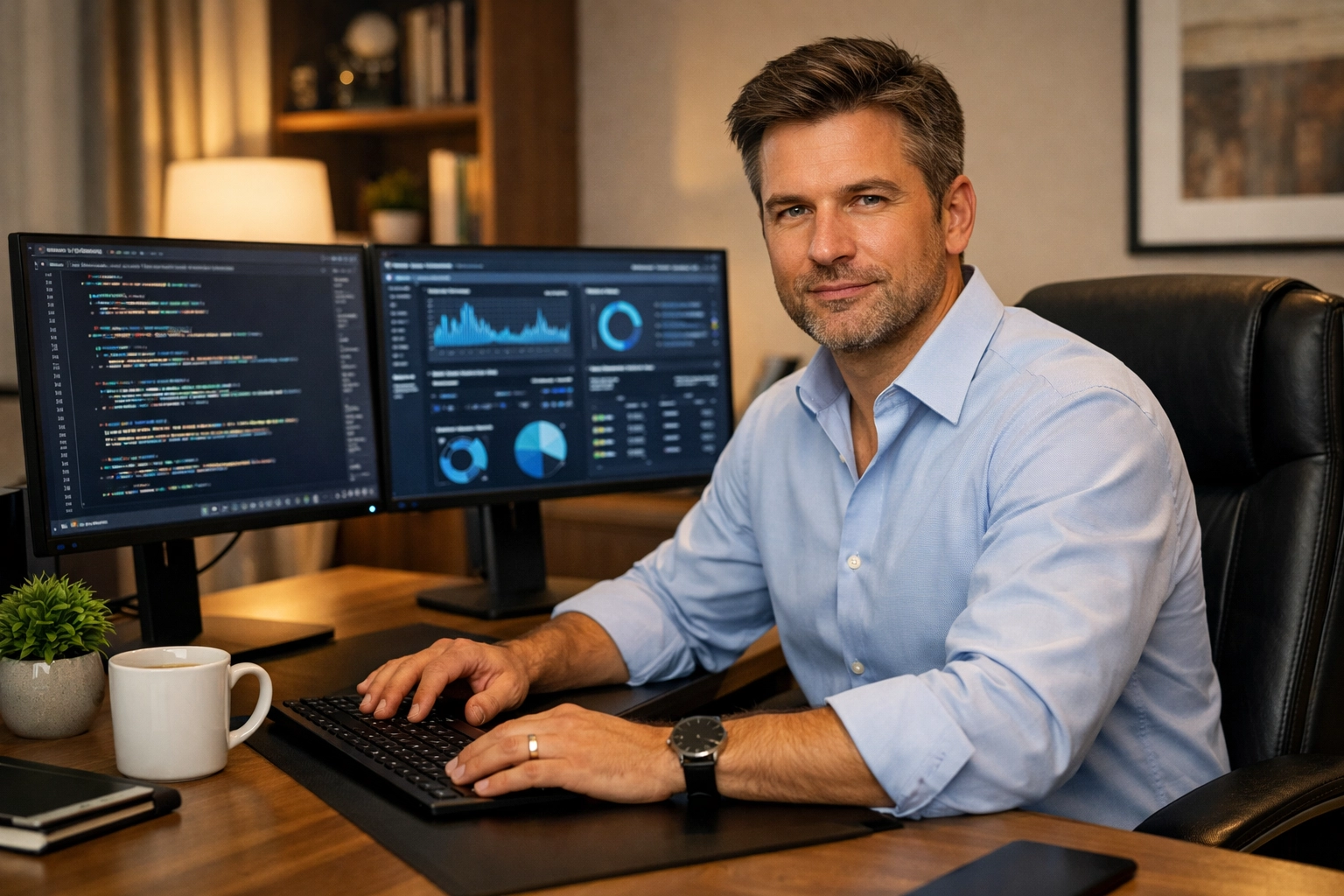 An IT manager managing ServiceNow ITAM workflows and ROI metrics from a professional home office.