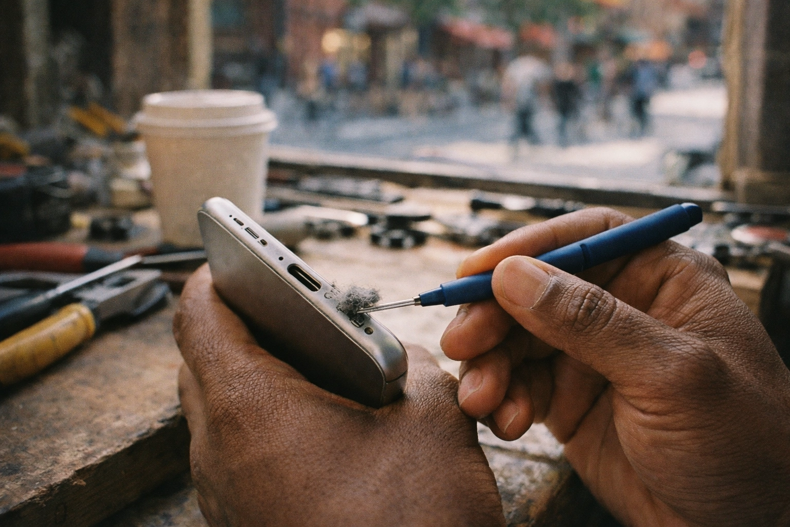 Technician extracting lint from iPhone charging port in Brooklyn repair shop
