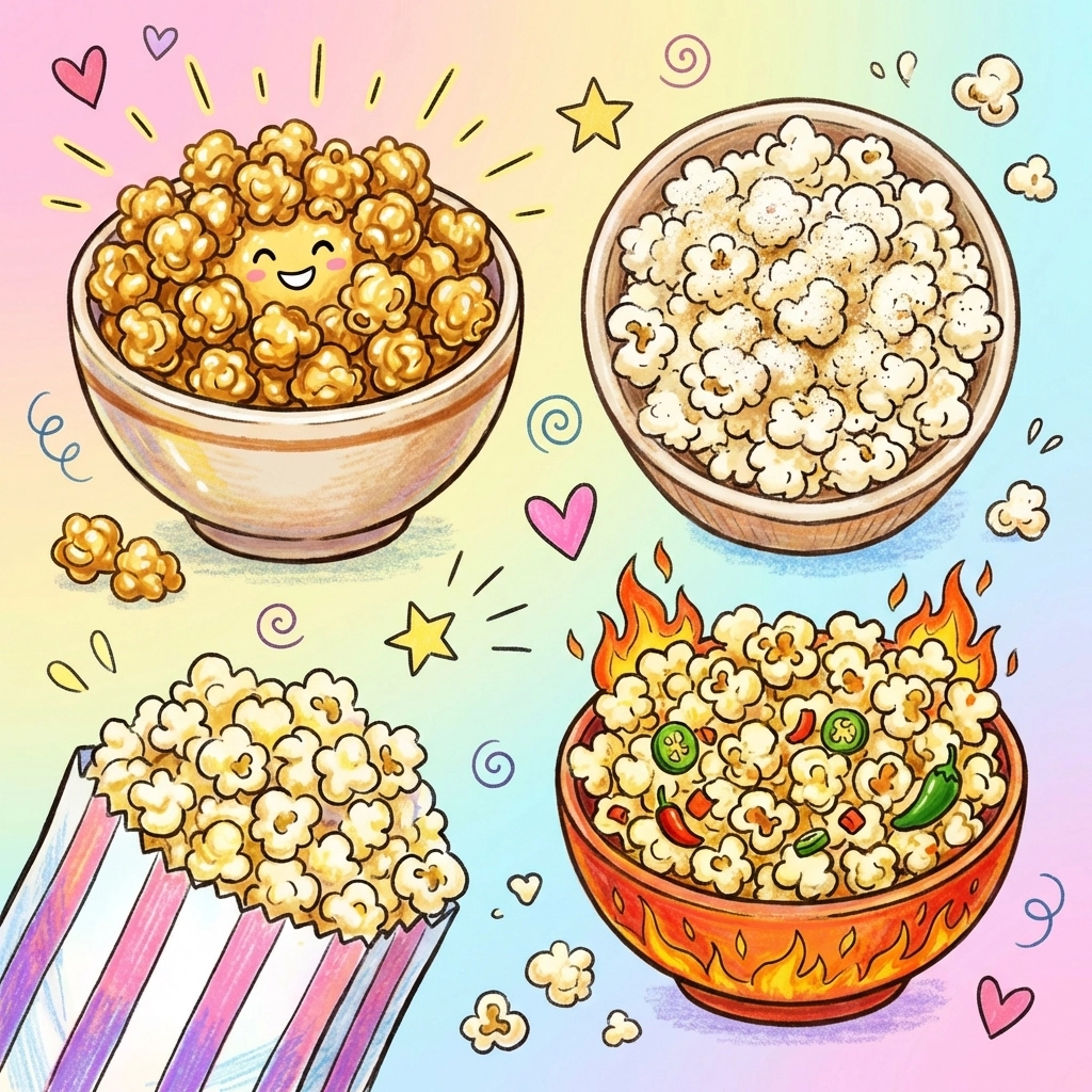 Assorted gourmet popcorn flavours like caramel, white cheddar, and jalapeño in bowls, perfect for fundraising.