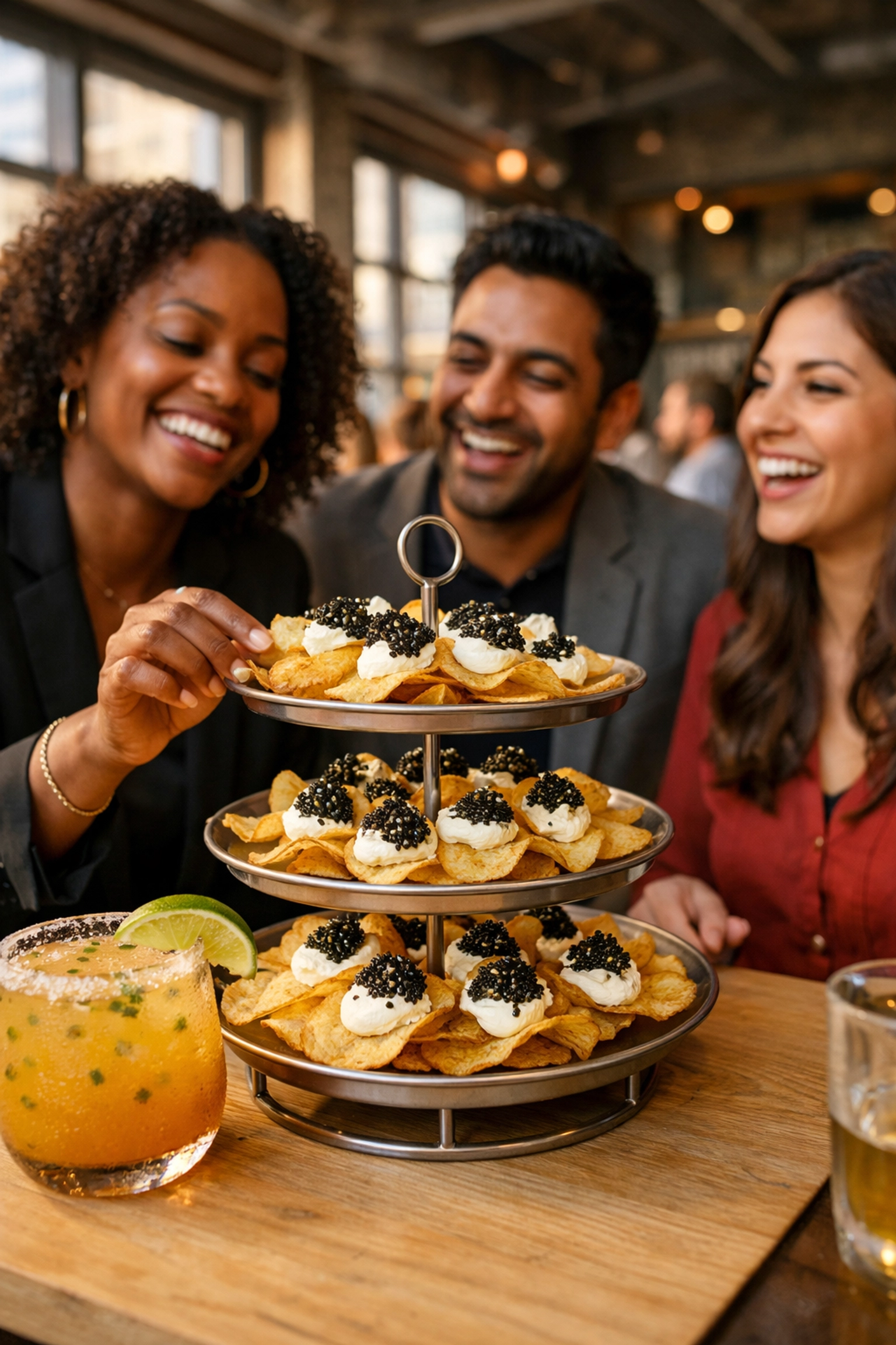 Diverse friends sharing a caviar chip tower and margaritas at a San Francisco restaurant happy hour.