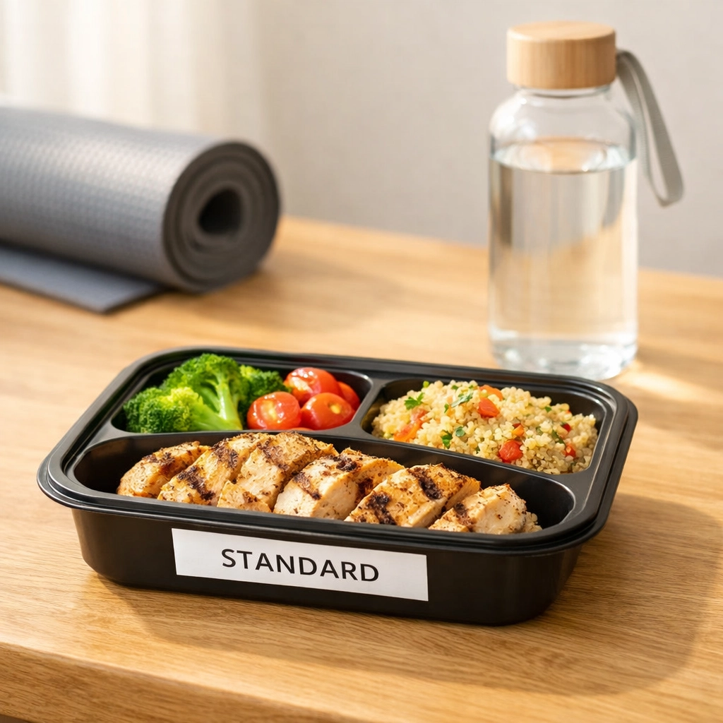 Macro friendly meal prep with chicken and quinoa on a dining table next to a yoga mat.