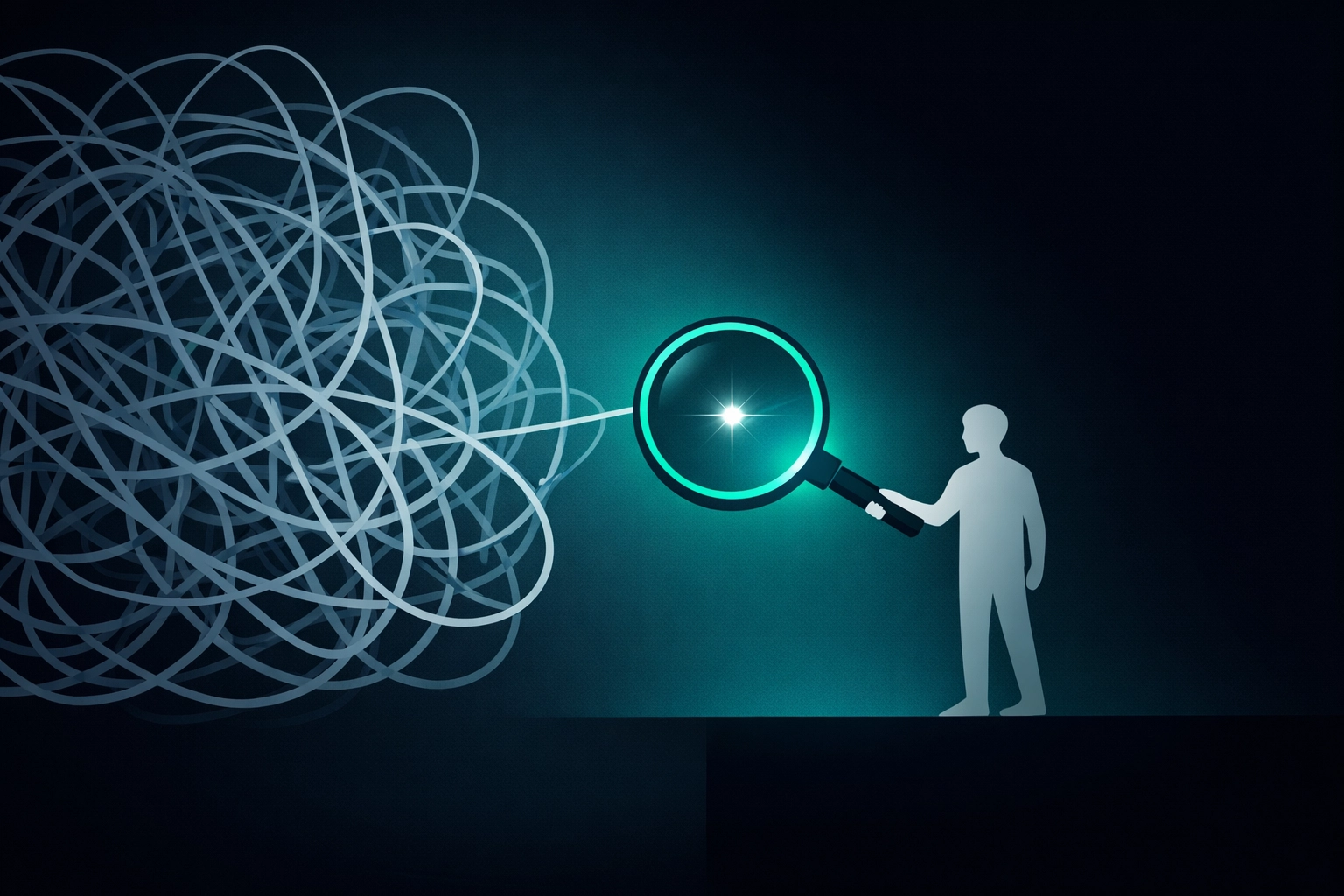 Minimalist illustration of a focused lens finding clarity for a DMAIC problem statement.