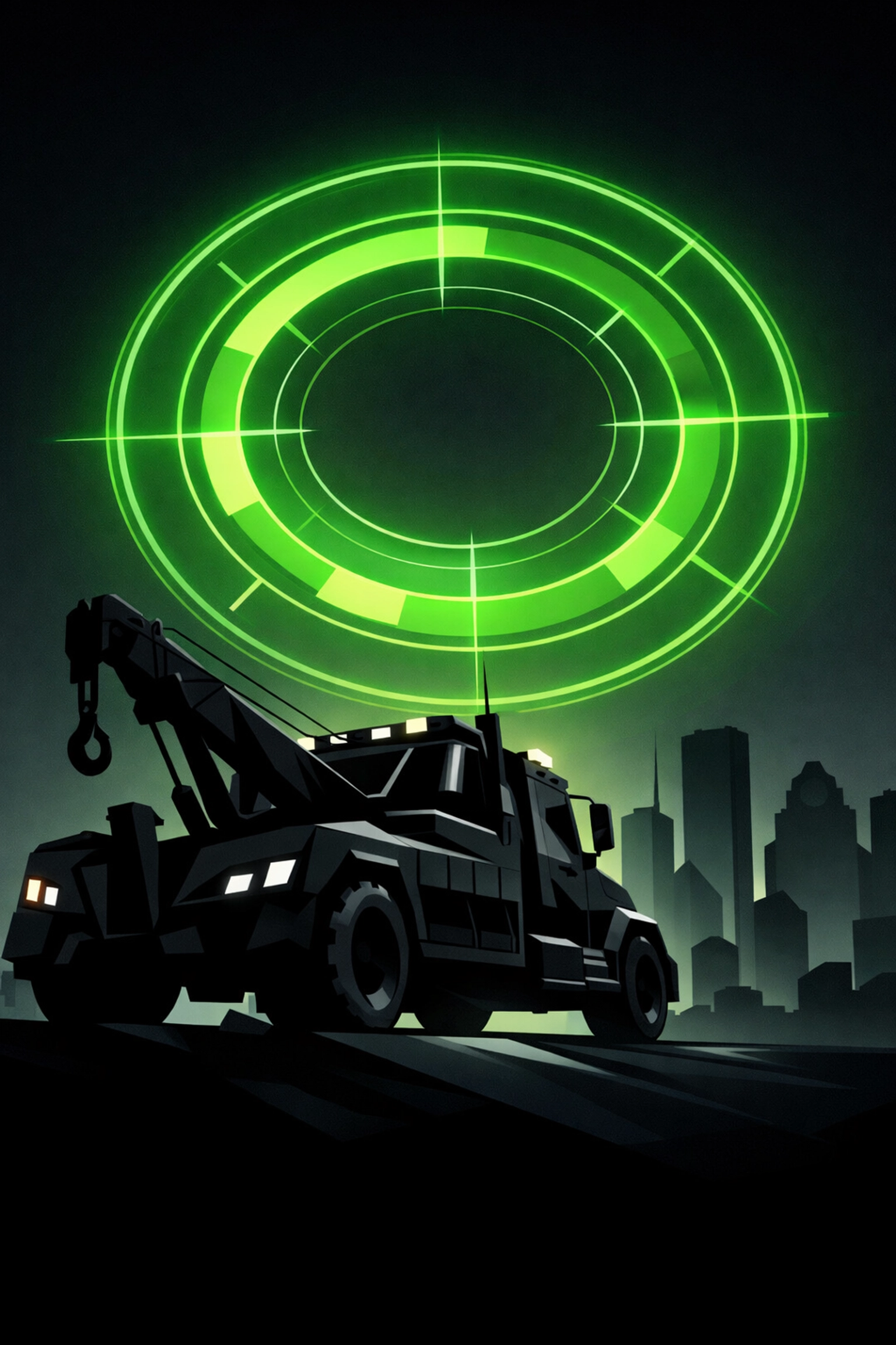 Tow truck silhouette with a 30-mile service radius map over the Houston skyline.