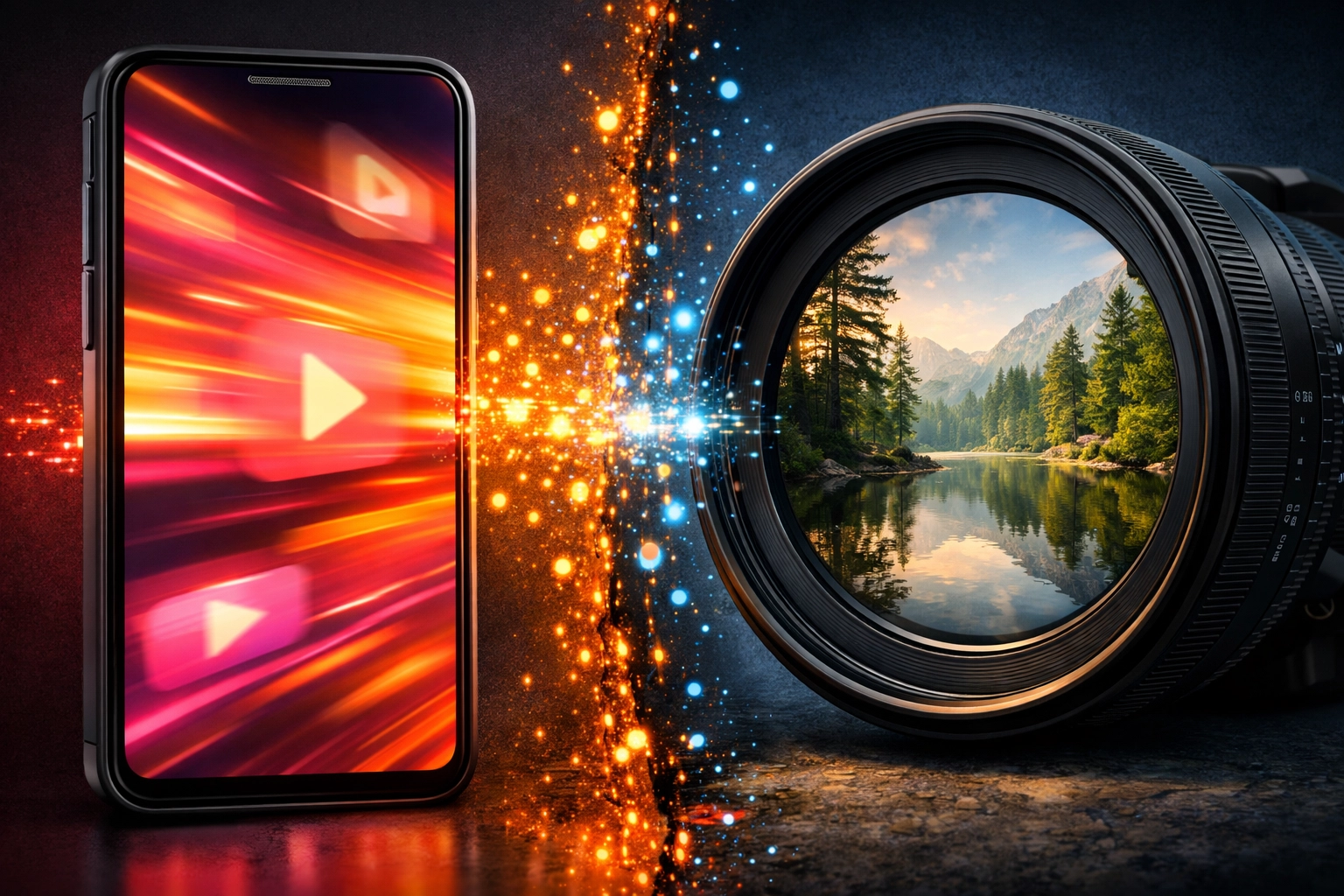 A split view of a smartphone playing YouTube Shorts next to a cinematic camera lens for long-form video strategy.