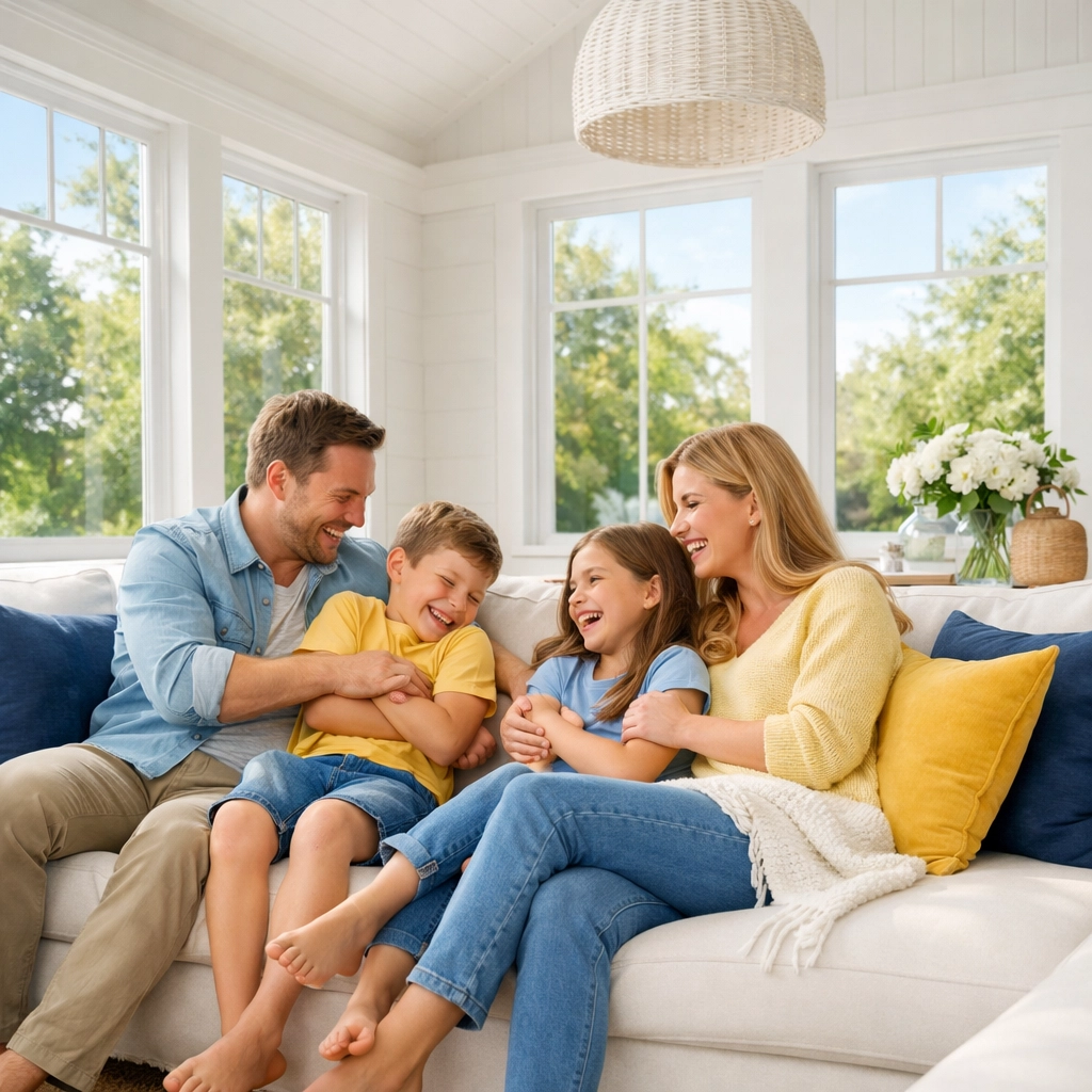 A stress-free family in their spotless Dover sunroom after residential cleaning Massachusetts service.