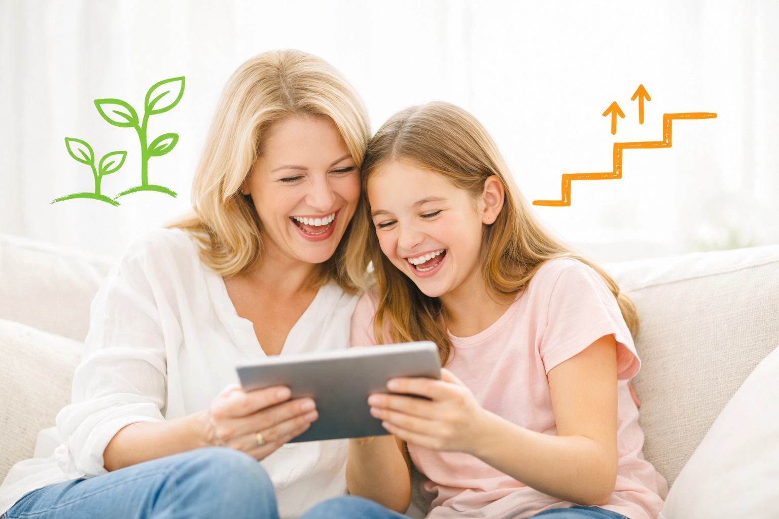 Mother and pre-teen daughter bonding while exploring puberty education on the Complete Life Skills Platform tablet.