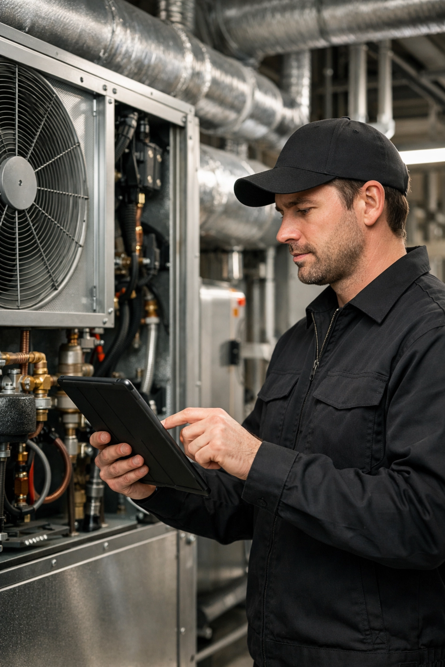 Technician performing HVAC maintenance for restaurant insurance and equipment breakdown compliance.