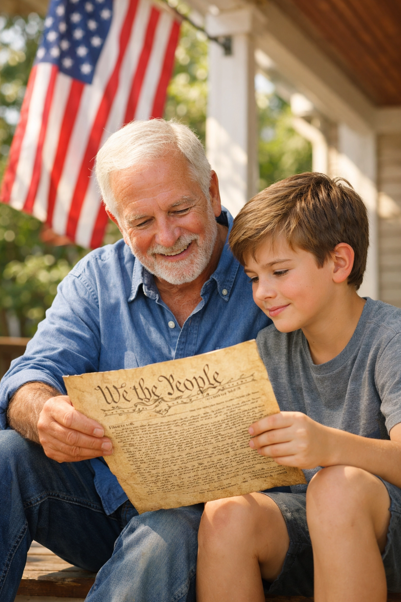 Grandfather and grandson discussing American history and civic duty before the 250th anniversary.