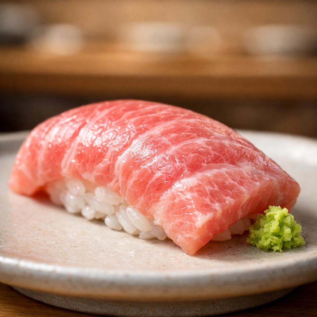 Close-up of otoro tuna nigiri at Tsukiji Outer Market breakfast with wasabi on a ceramic plate