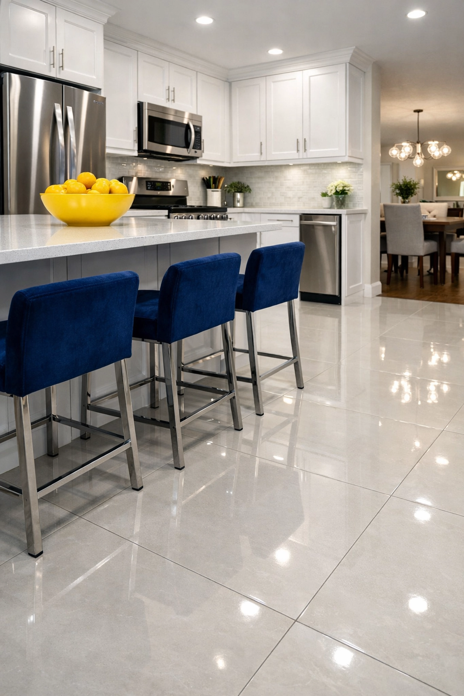 Spotless modern kitchen with shining tile floors ready for a move-out cleaning Worcester MA inspection.