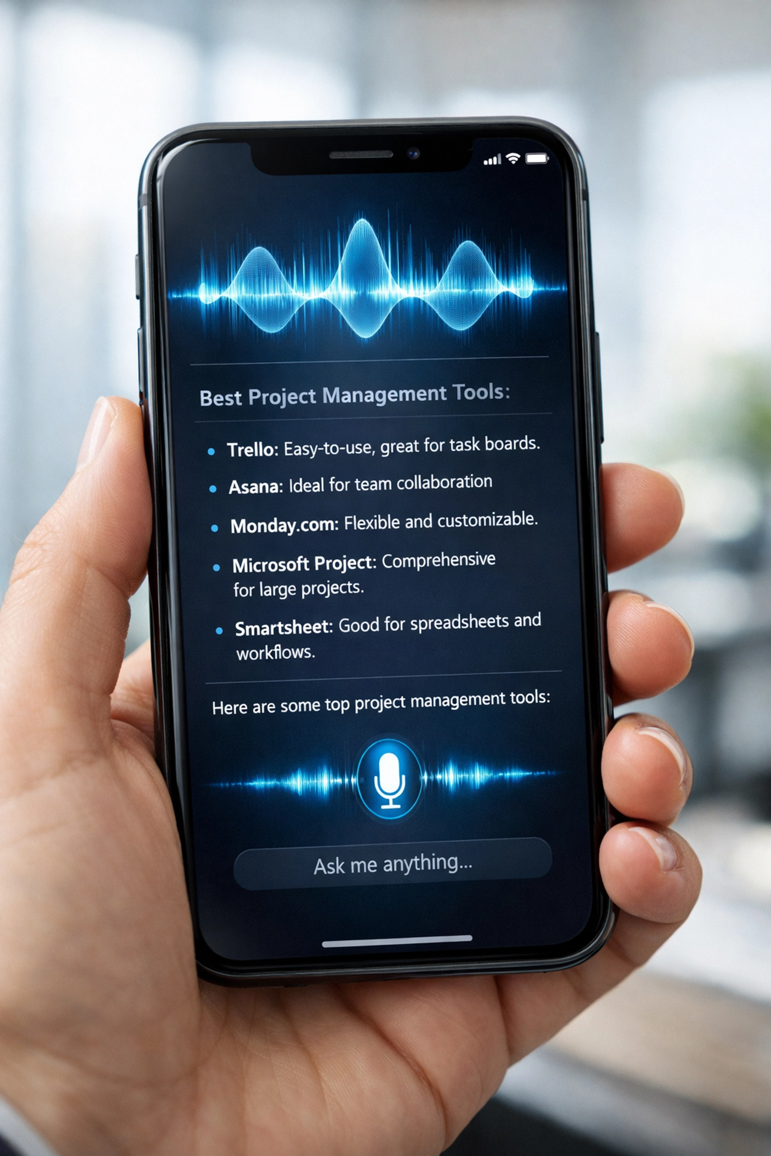Mobile phone displaying voice search AI assistant results for business queries
