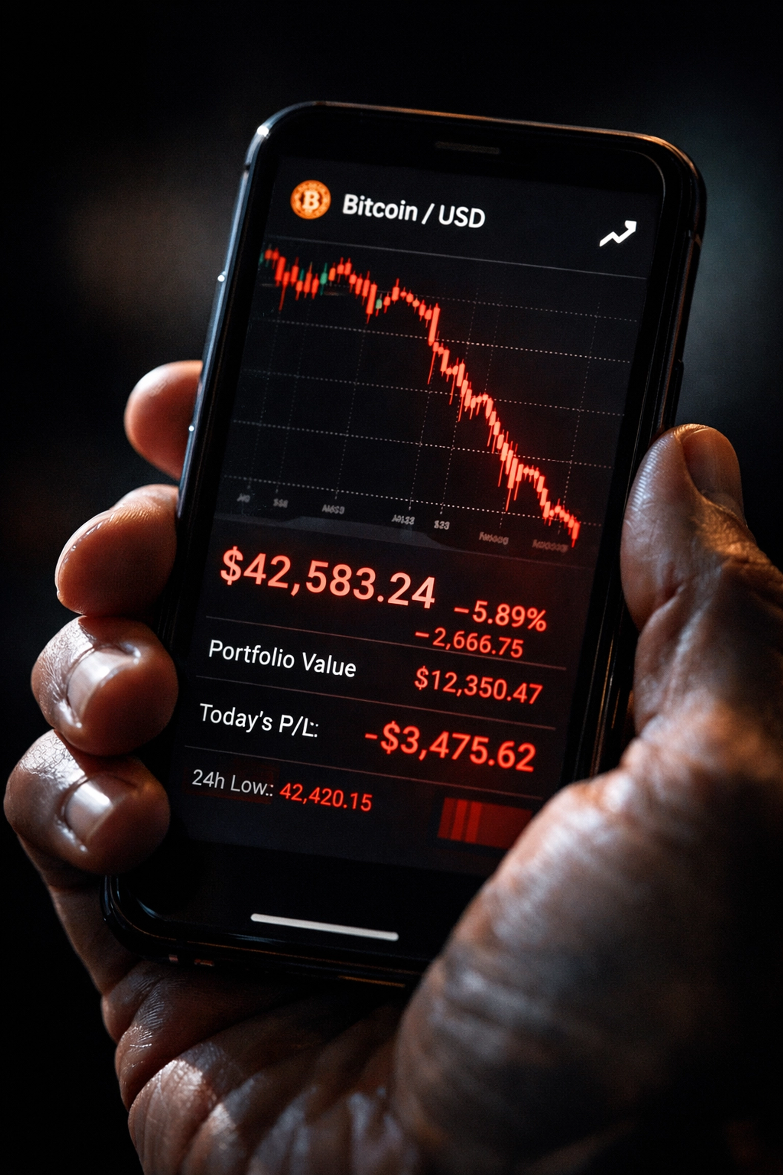Trader monitoring Bitcoin price drops on mobile app showing real-time equity losses