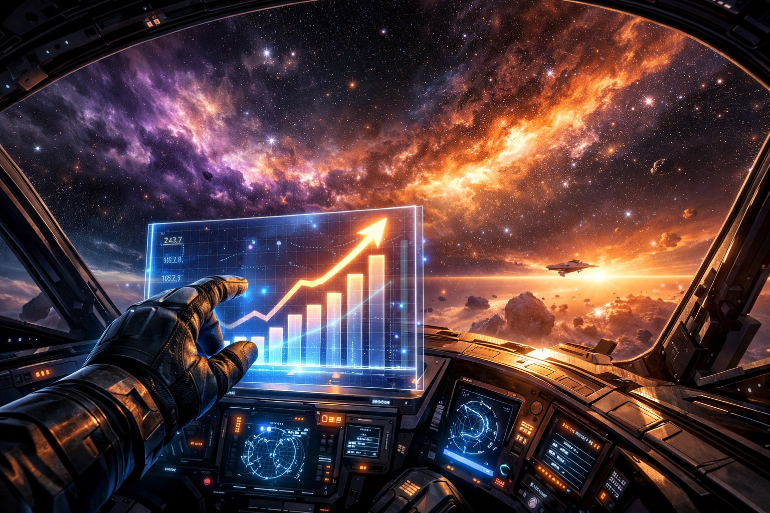 Futuristic cockpit with a holographic growth chart representing financial independence for crypto merchants.
