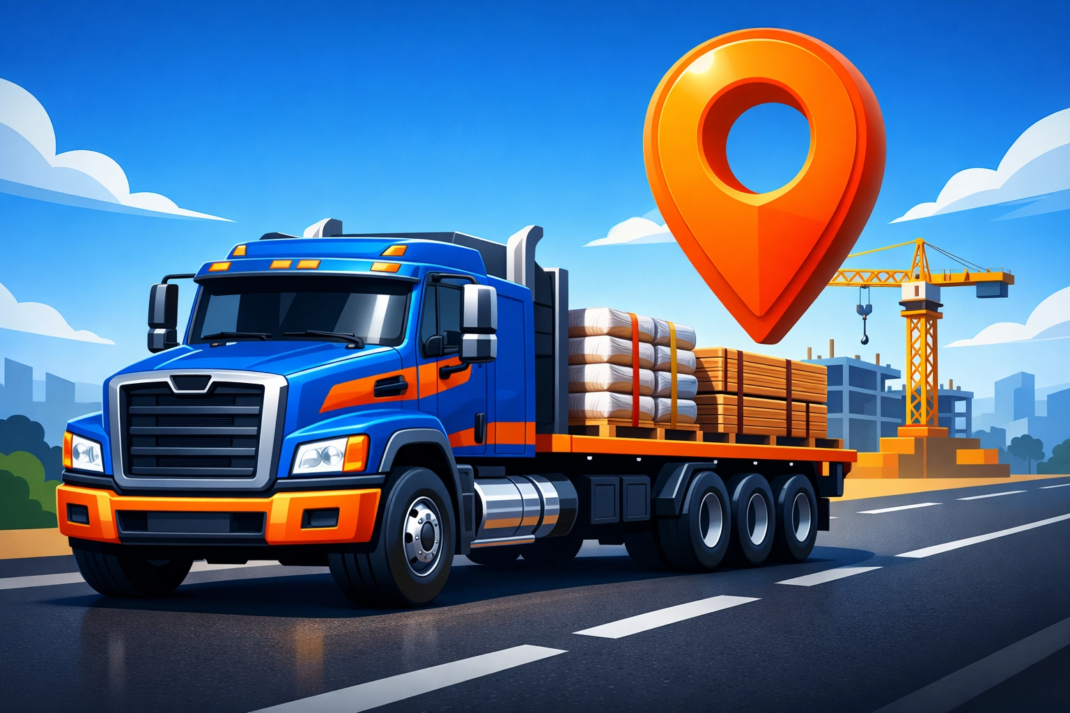 Delivery truck transporting materials to a jobsite, ensuring seamless logistics in a construction supplies marketplace.