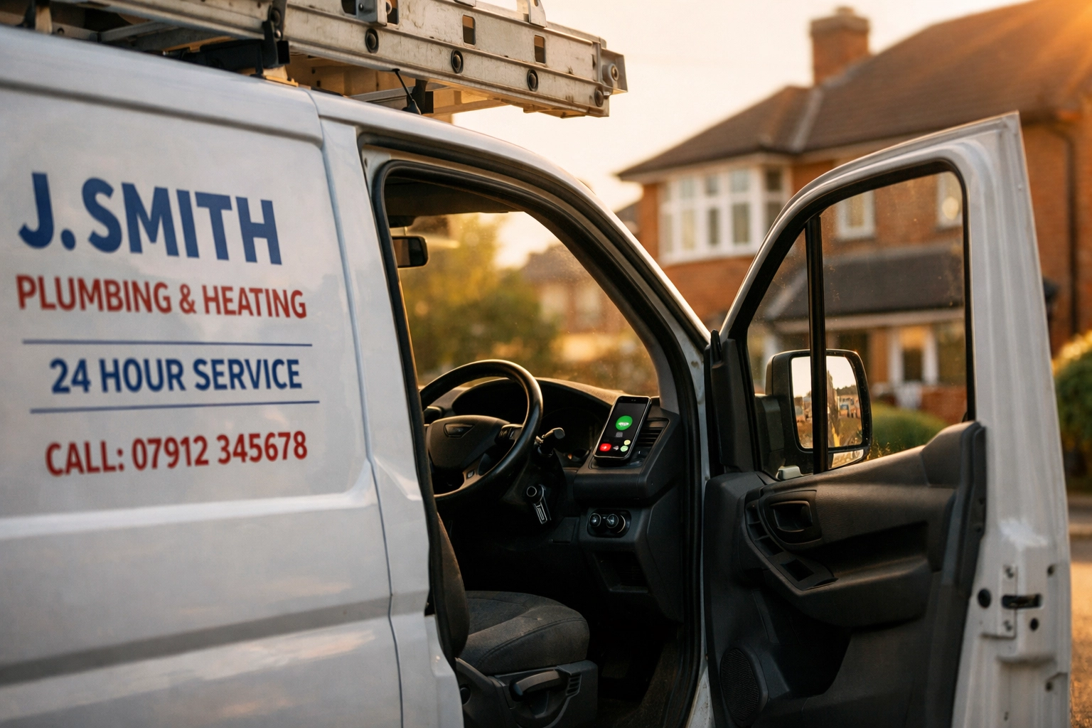 Service van with ringing phone on dashboard representing missed business enquiries