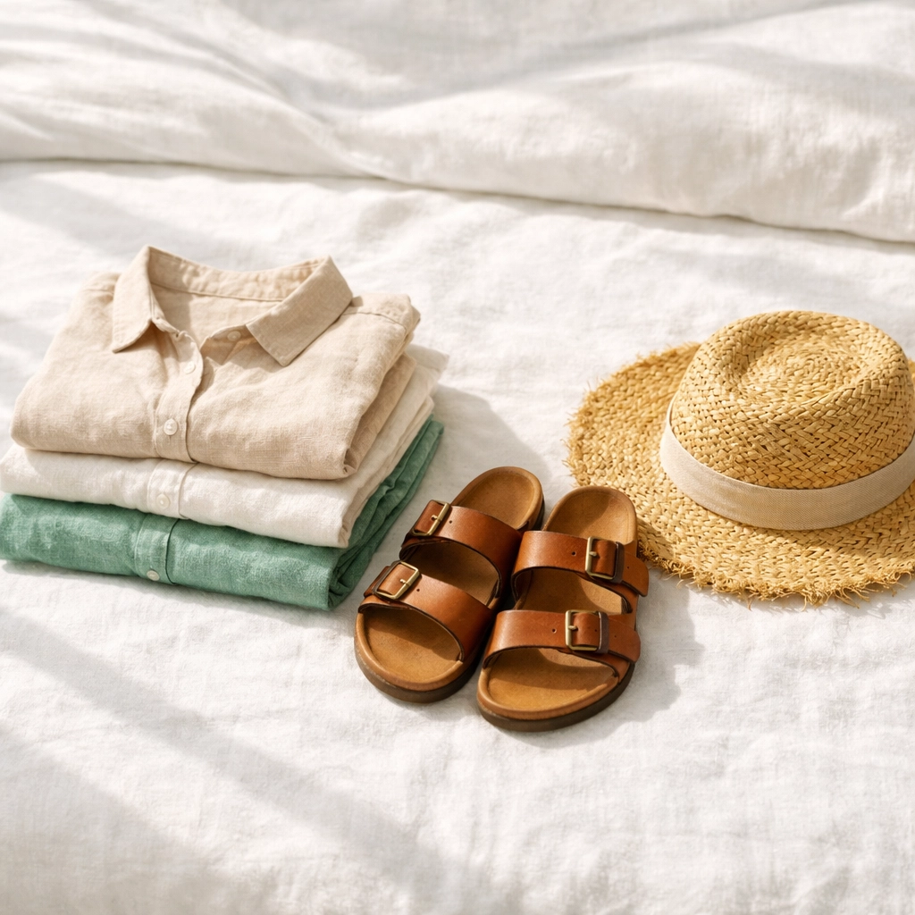 Curated travel wardrobe with linen shirts, sandals, and a straw hat for a minimalist getaway.