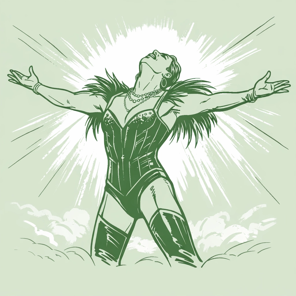 Triumphant drag performer at peak of lip sync showcasing LGBTQ+ expression