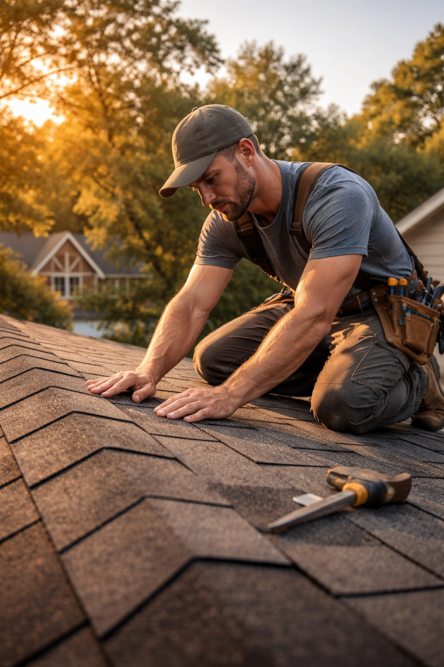 Roofer performing detailed inspection on Charlotte, NC home roof, showcasing veteran-owned company’s quality and commitment.
