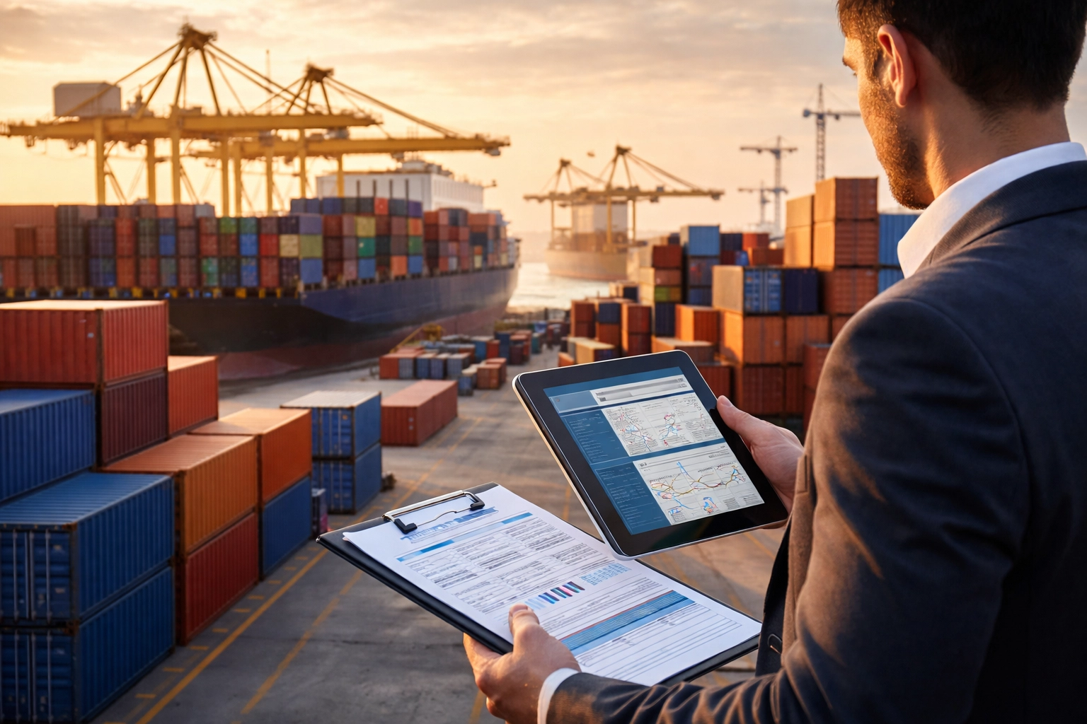 Logistics coordinator reviews live shipping documents at a bustling port, highlighting PSI's organized documentation process.