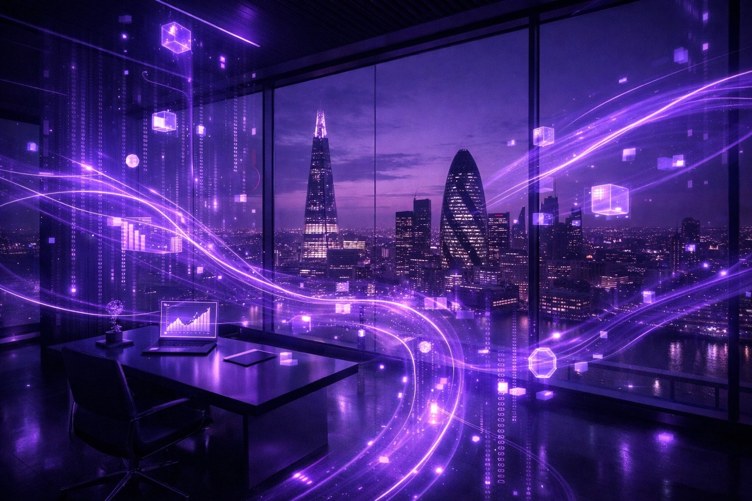 Enterprise AI implementation in a modern London office with holographic business data flows.