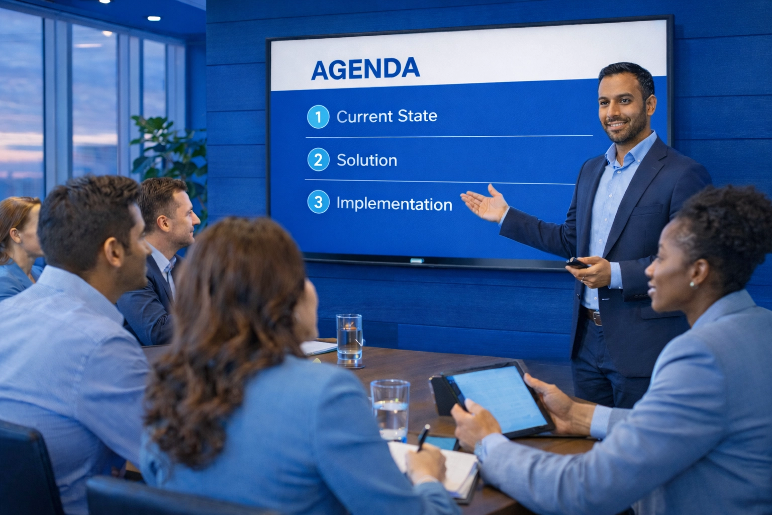 Presenter showing agenda slide to engaged business meeting audience