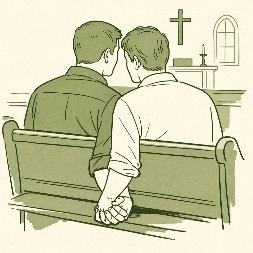 Two men clasp hands secretly while sitting together on a wooden pew in a small-town chapel.