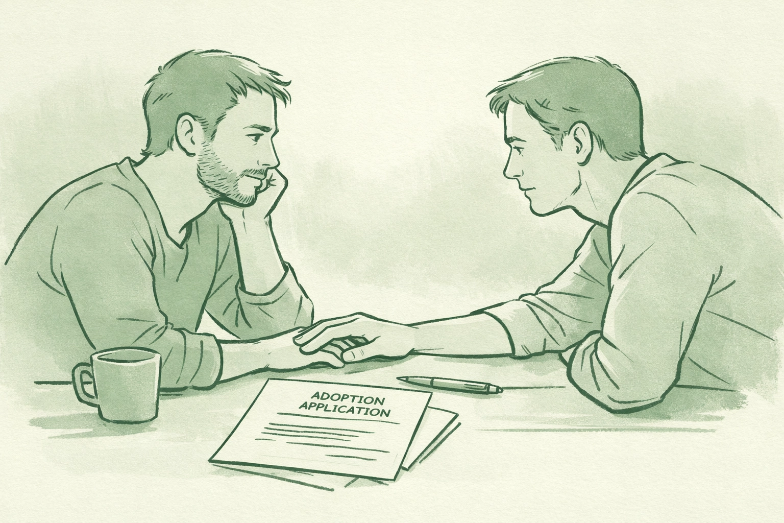 Two men reviewing adoption paperwork together, navigating the path to becoming gay fathers
