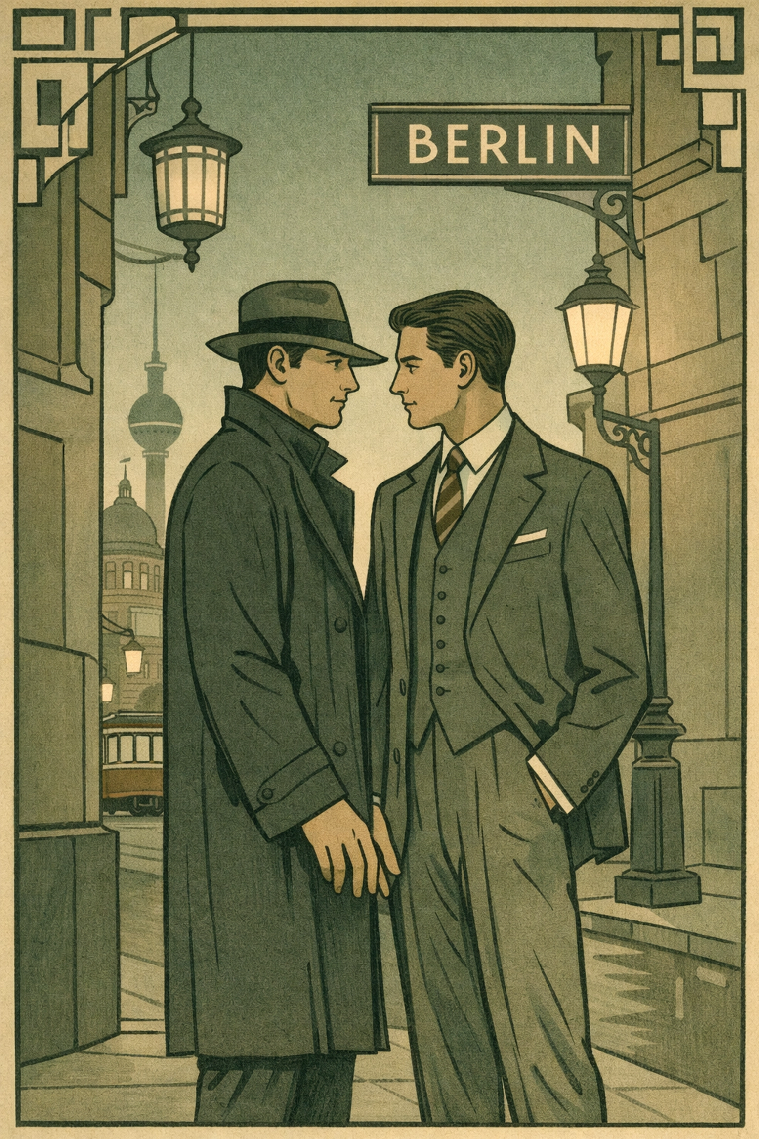 Historical MM romance couple in 1920s Berlin period clothing depicting bisexual male characters