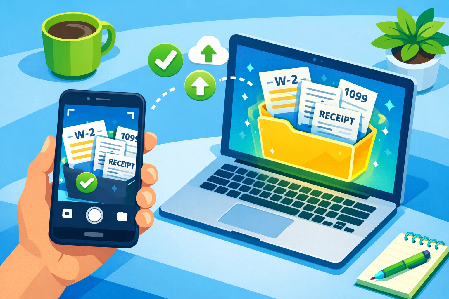 Smartphone scanning tax documents like W-2s and 1099s into digital folder for efficient tax filing