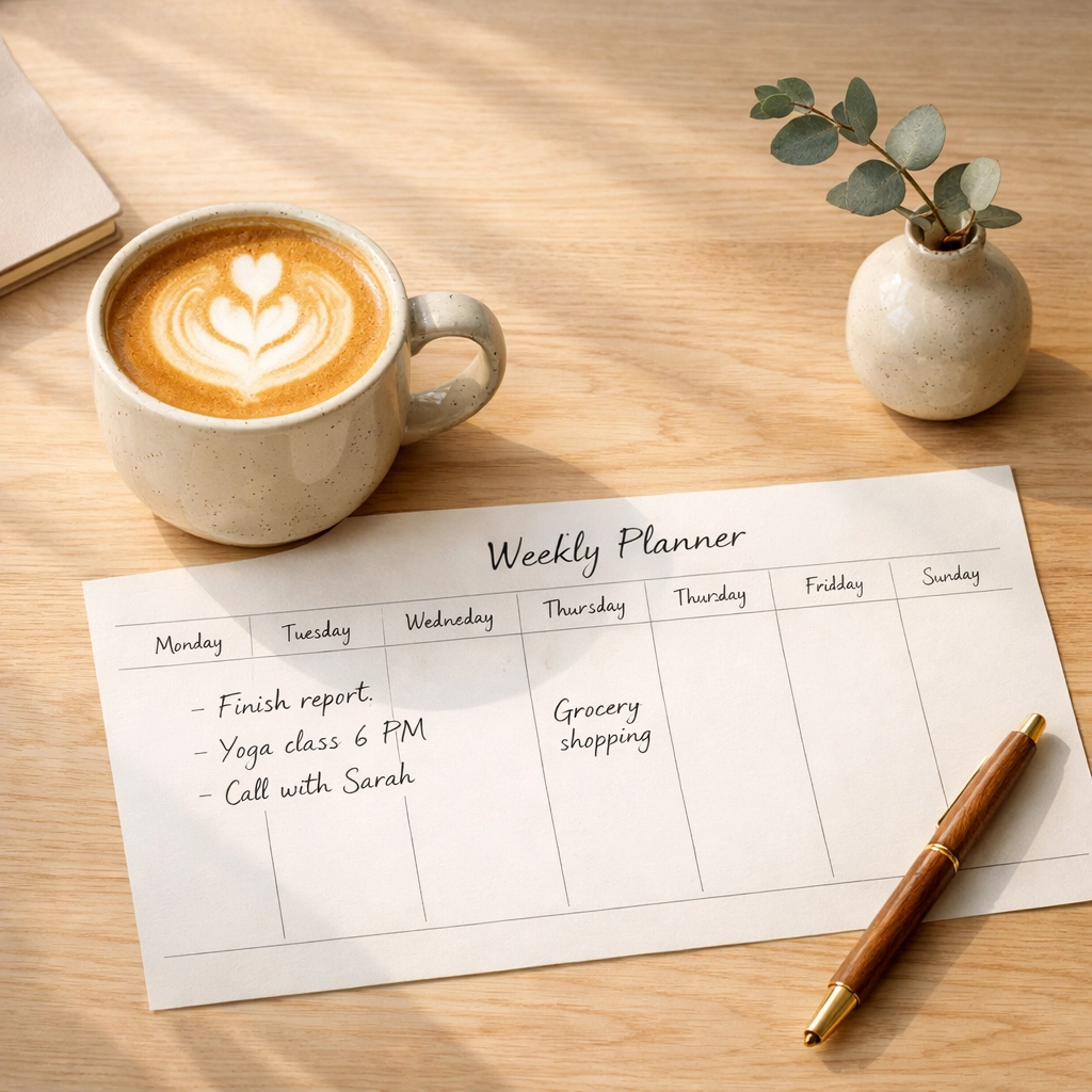 A peaceful workspace featuring a cup of coffee and a weekly planner printable page on a minimalist desk.
