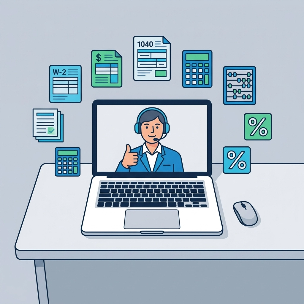 Virtual tax professional on a laptop screen providing proactive year-round tax planning services.