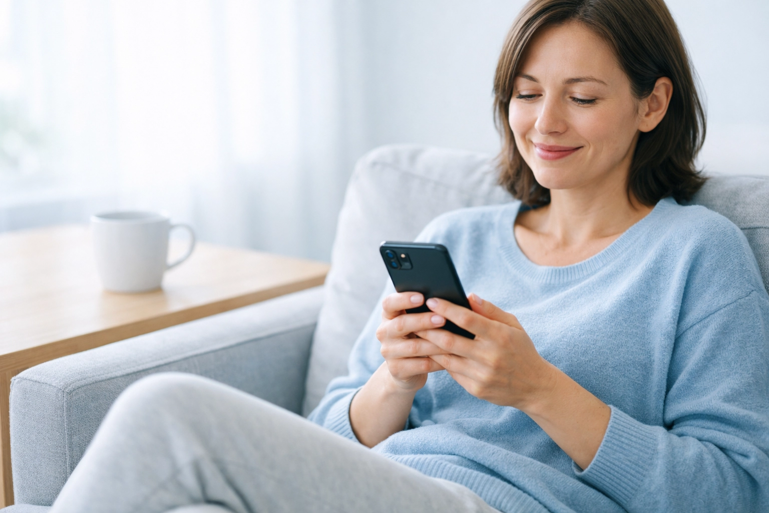 A person smiling at their smartphone while receiving an instant loan e-Transfer in Canada.