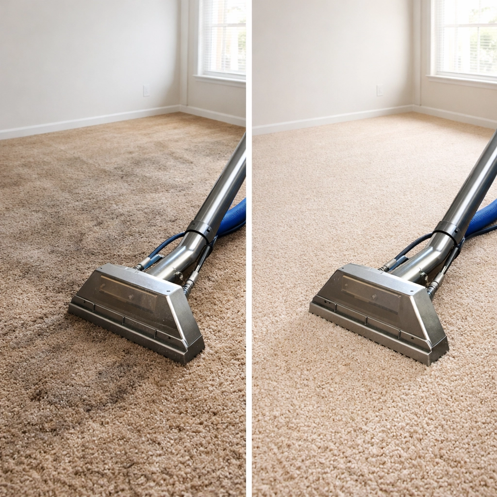Before and after professional carpet cleaning showing dirt removal in vacant rental unit