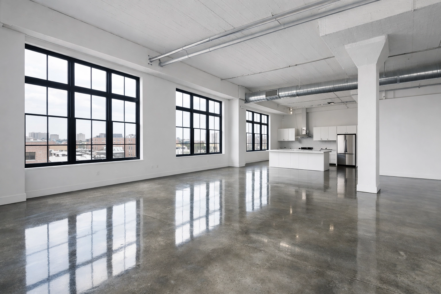Vacant industrial loft in Detroit with polished concrete floors ready for new tenant move-in.