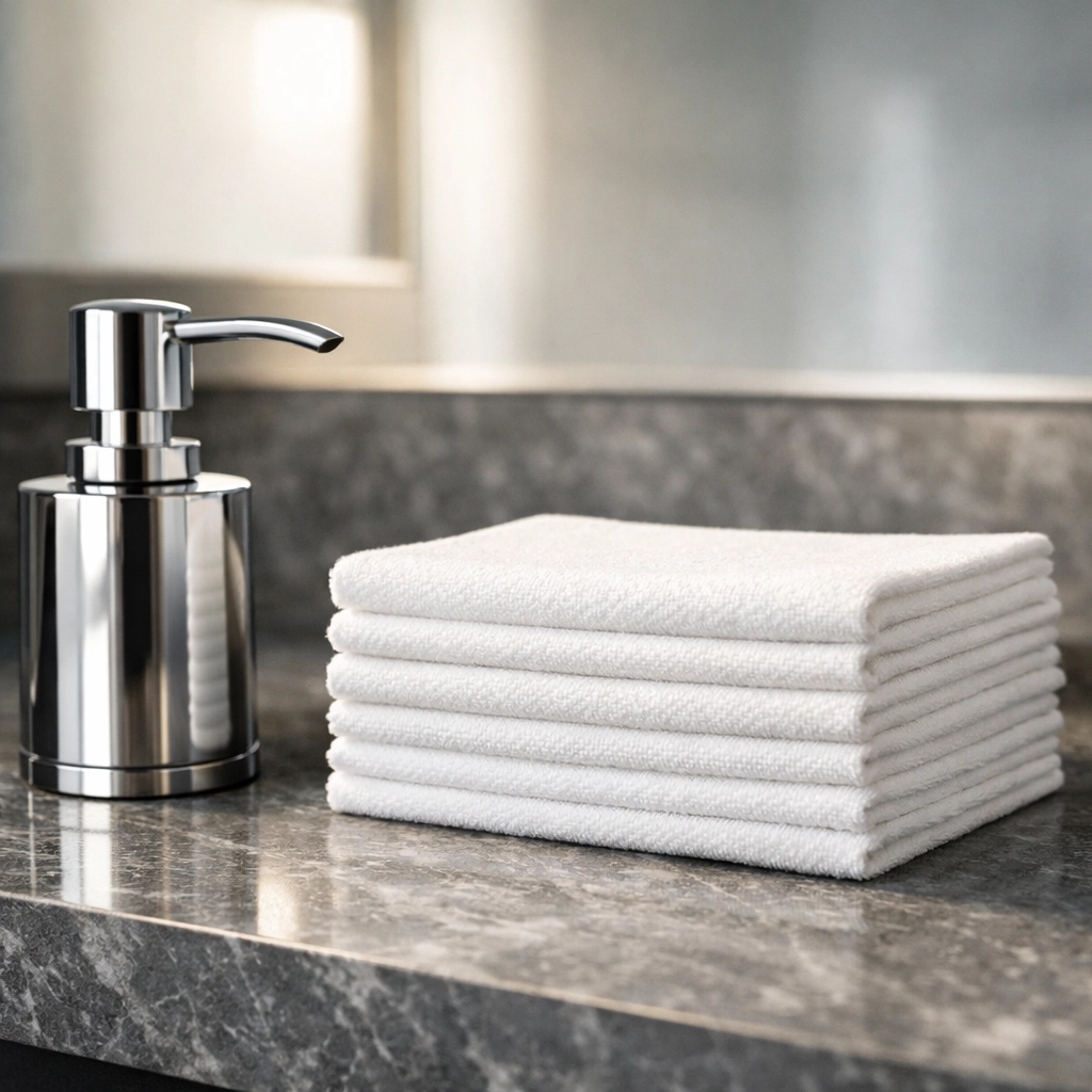 Clean office restroom vanity with marble counters showing high-touch commercial cleaning standards.