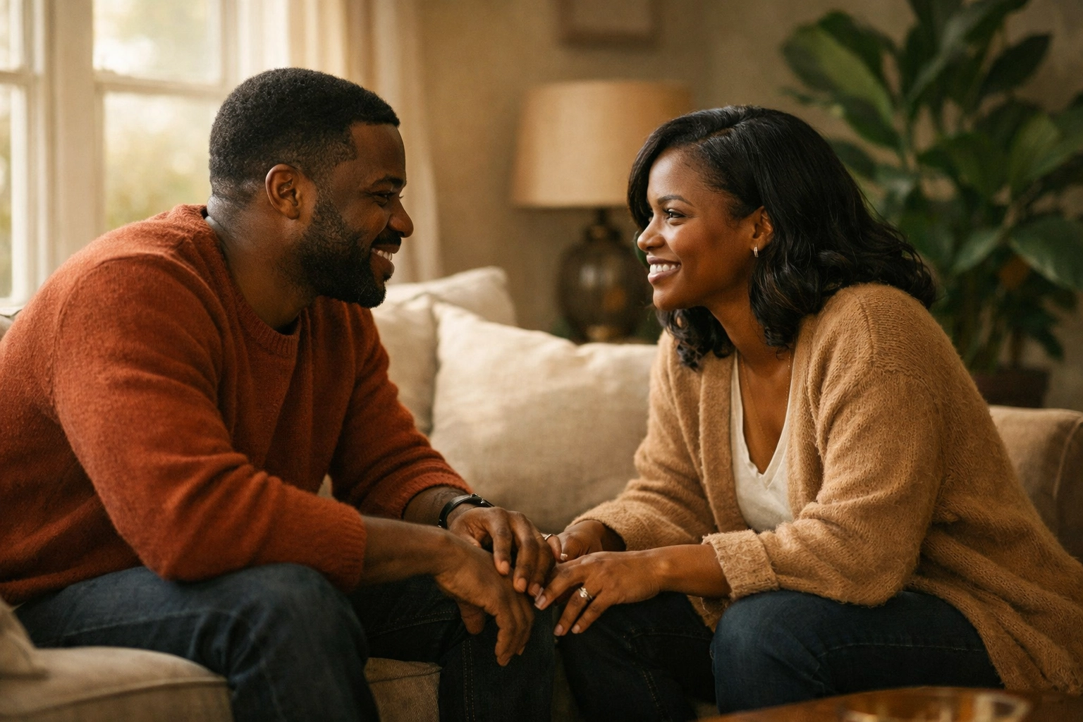 Black couple in intimate conversation practicing healthy communication in relationship