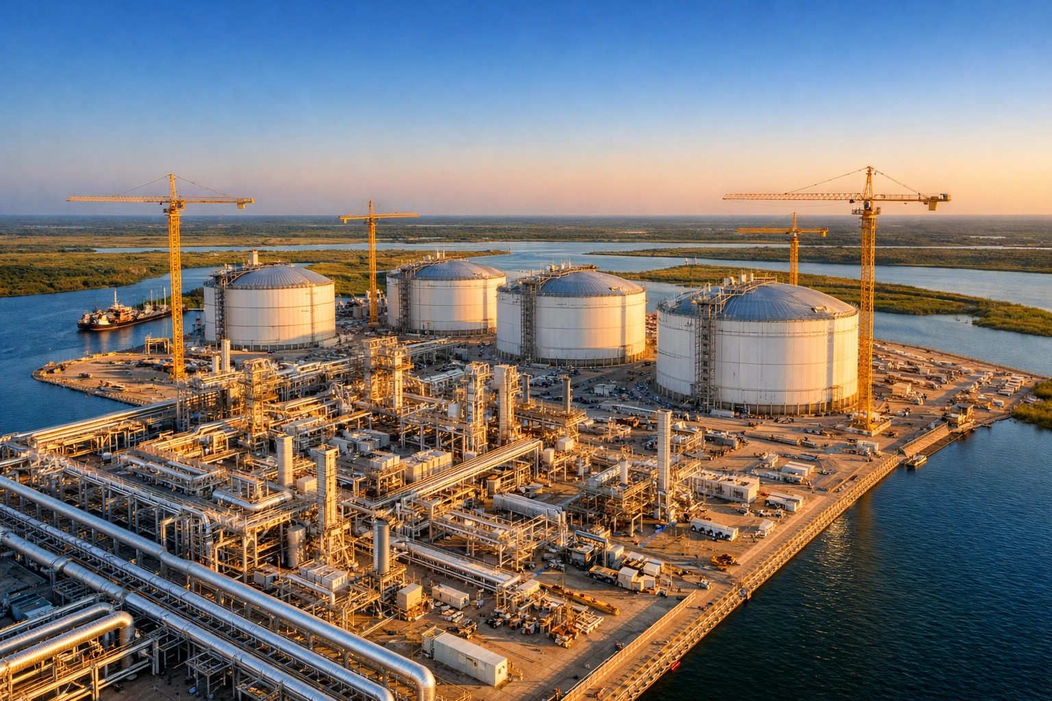 Industrial construction of a massive LNG liquefaction facility along the Louisiana coastline.