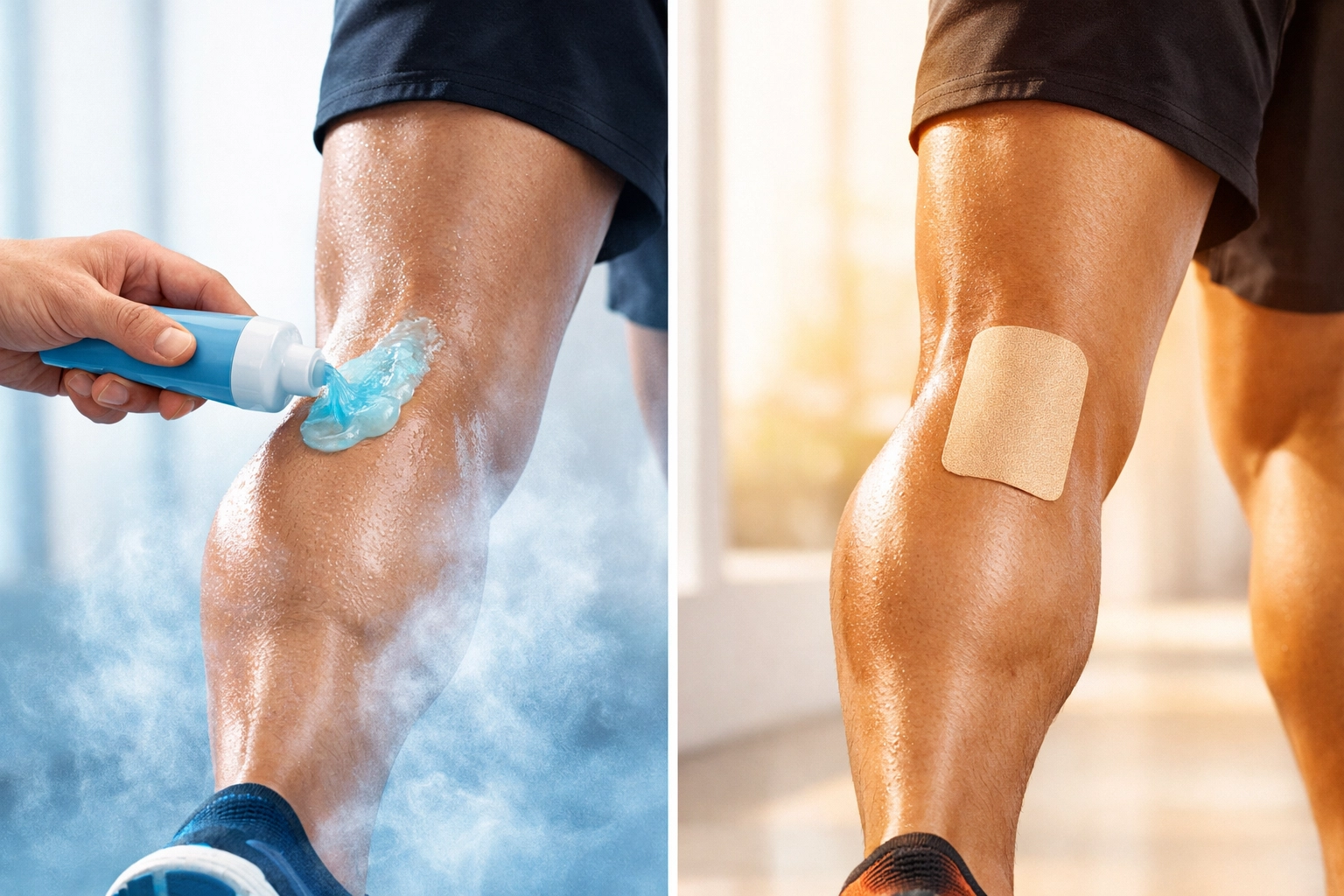 Salonpas vs Biofreeze comparison showing topical pain relief methods on athlete's leg